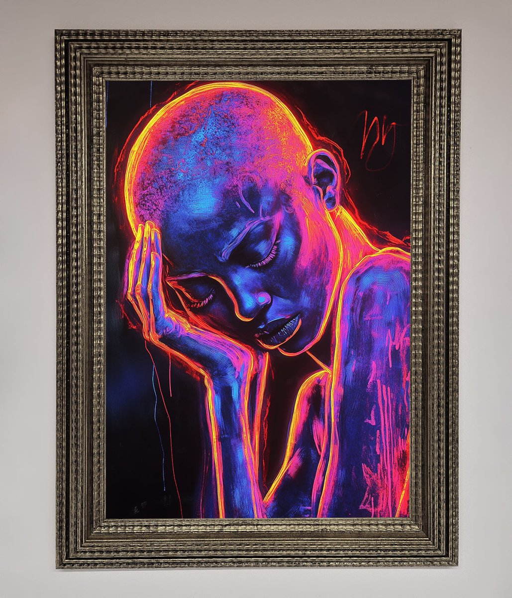 Neon Woman Hands In Head Framed Print - Zestio