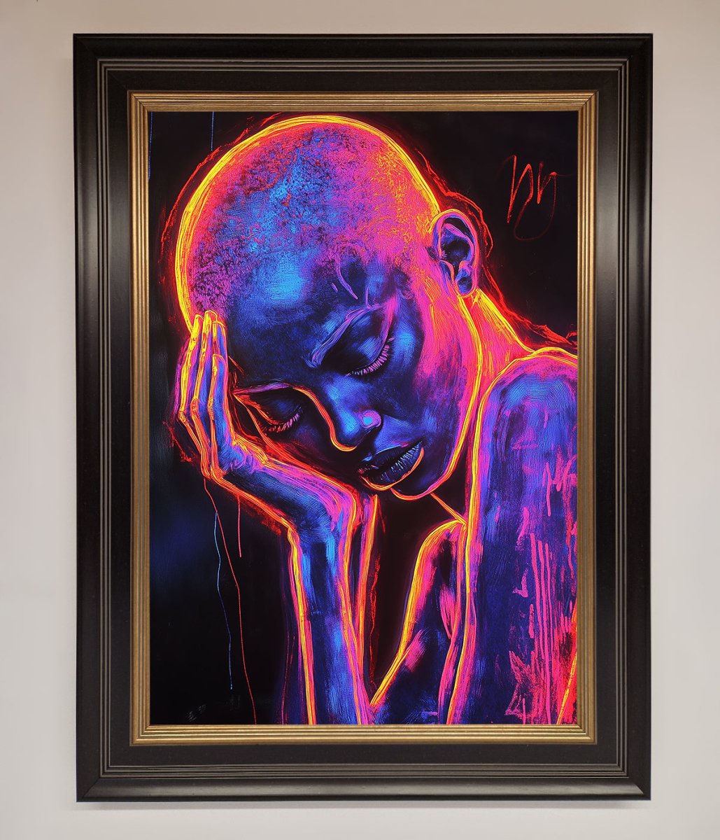 Neon Woman Hands In Head Framed Print - Zestio