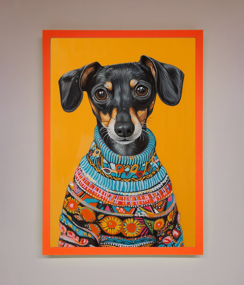 Sausage Dog In A Sweater Framed Print - Zestio