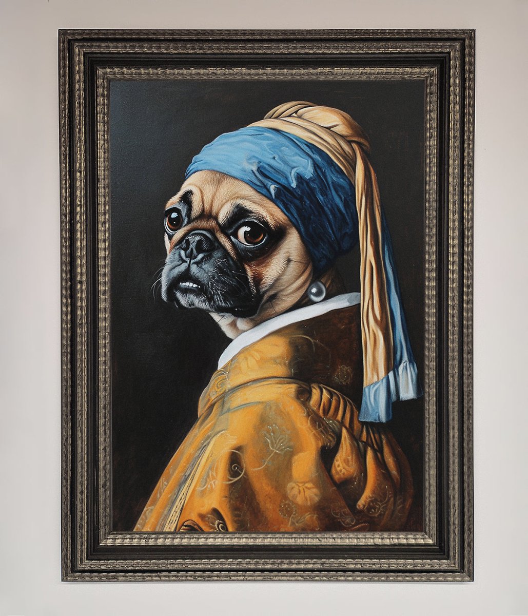 The Pug With The Pearl Earring Framed Print - Zestio