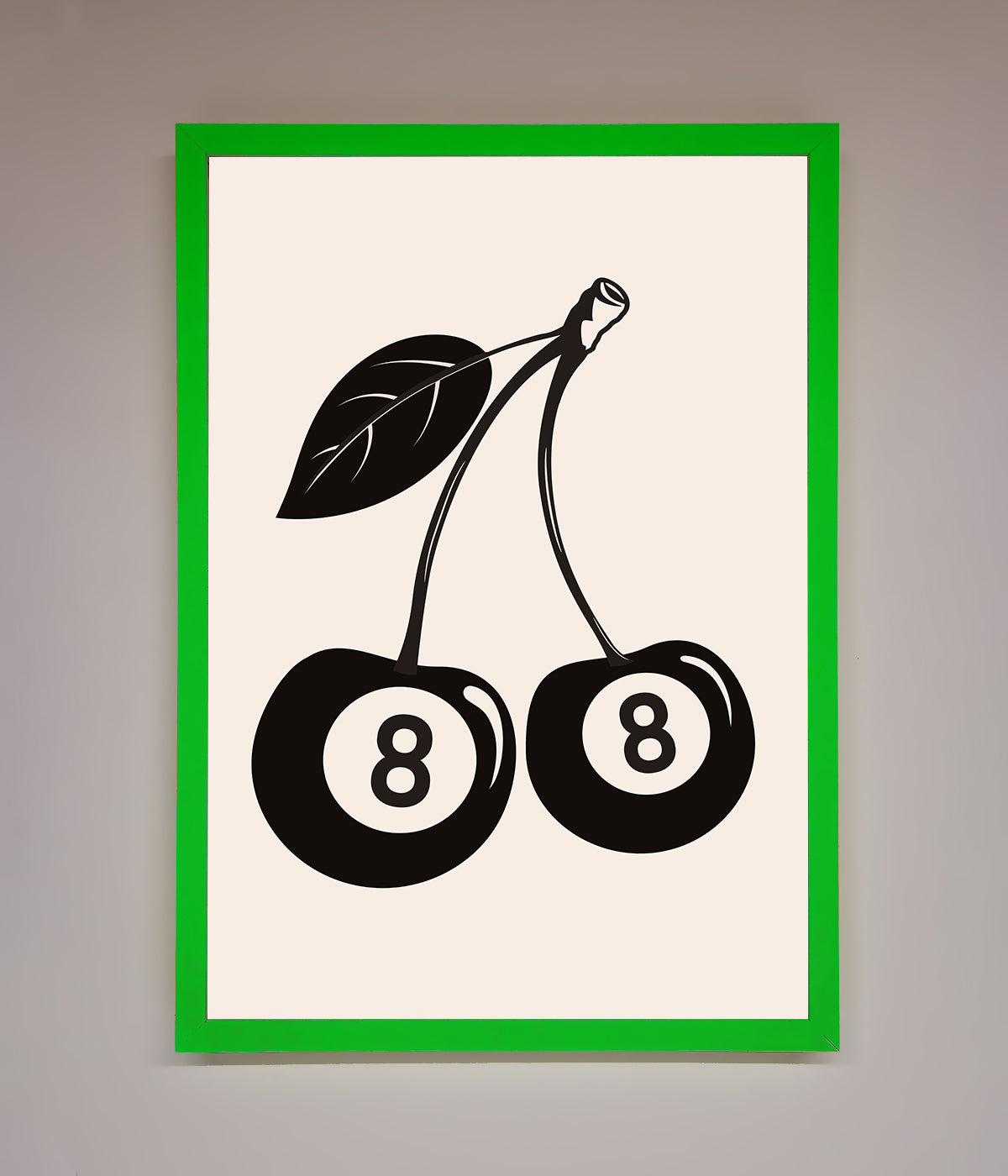 8 Ball Cherries framed wall art with green border.