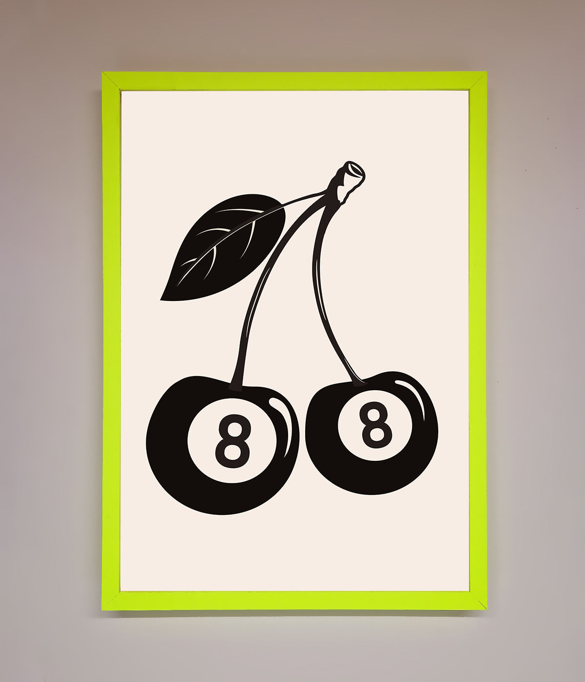 8 Ball Cherries framed wall art with neon green border.