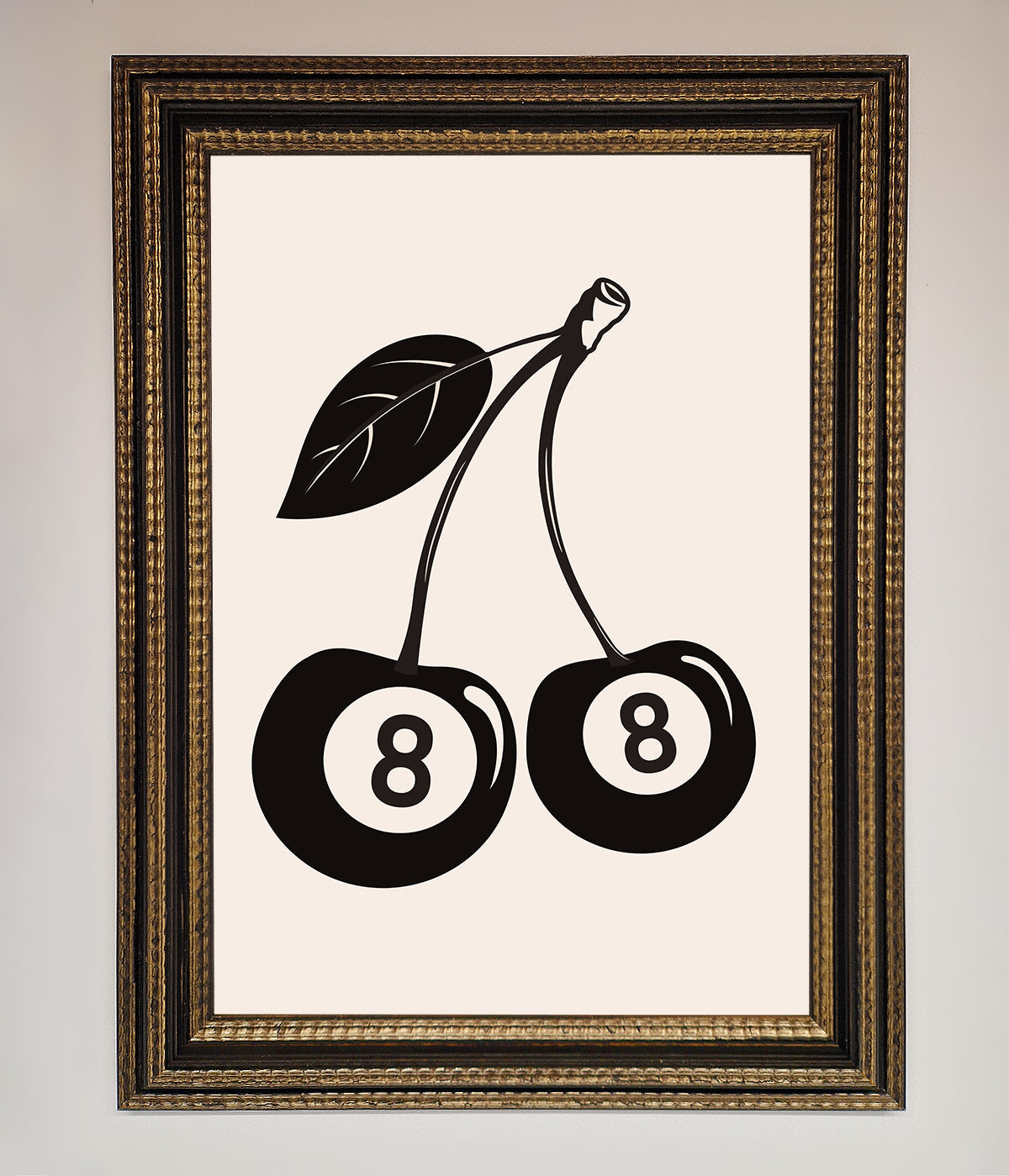 8 Ball Cherries Framed Wall Art displaying cherries with the number 8 in a decorative frame.