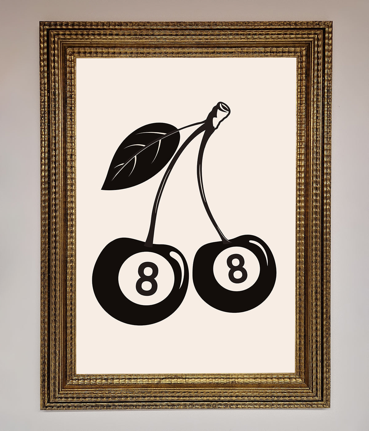 8 Ball Cherries Framed Wall Art with gold frame.