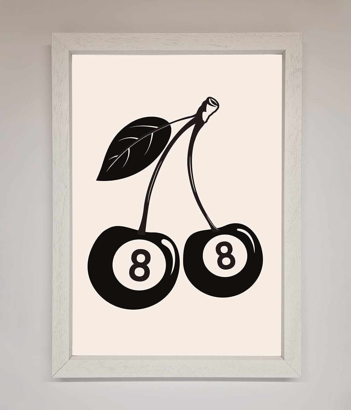 Framed wall art featuring black and white 8 ball cherries design.