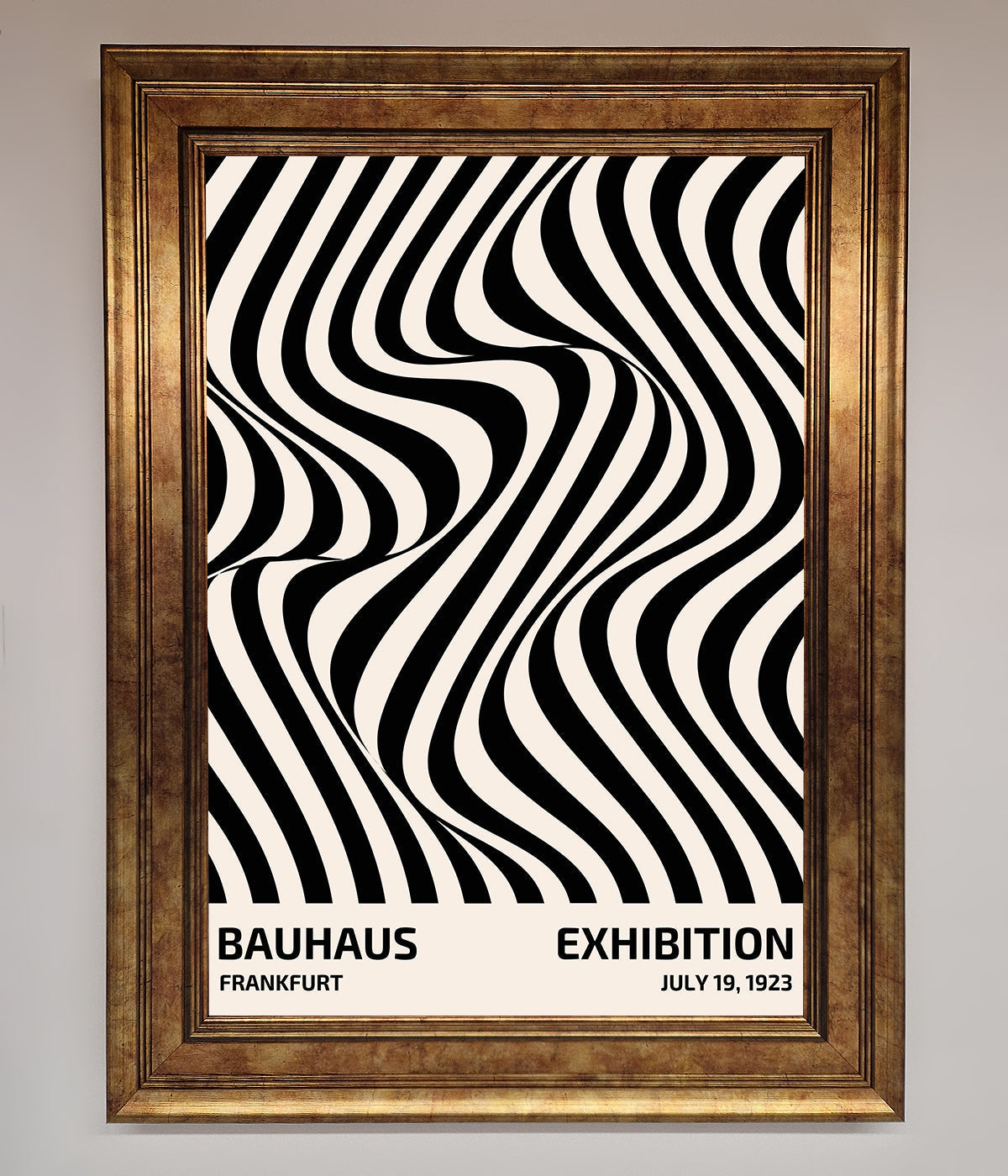 Bauhaus poster with wavy black lines in a sleek framed design.