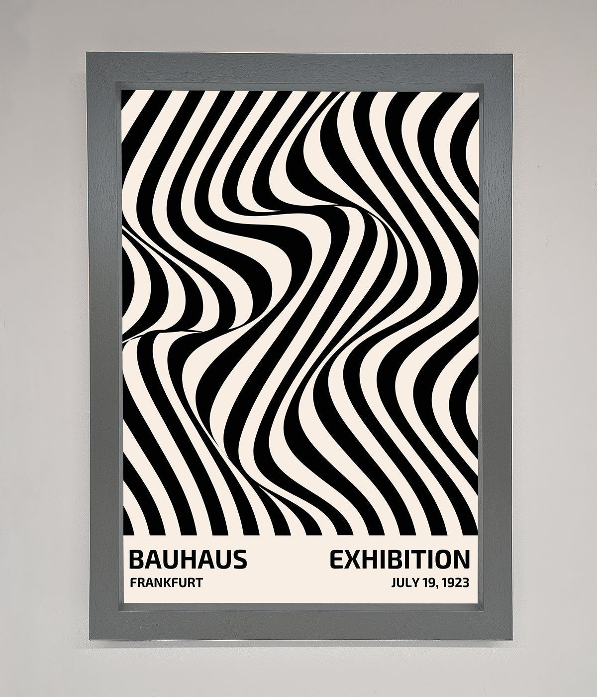 Bauhaus poster with wavy black lines in a sleek frame.