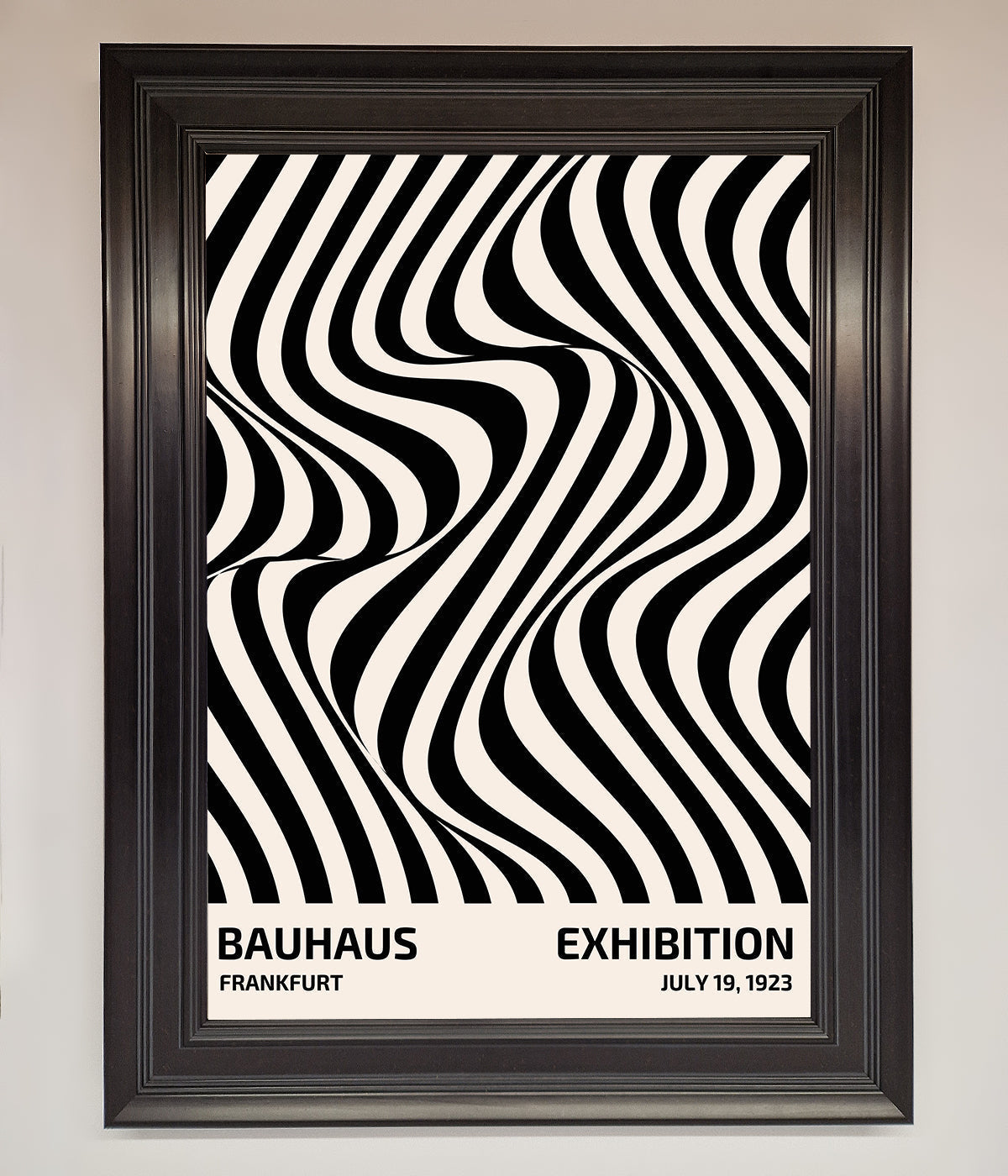 Bauhaus poster with wavy black lines in sleek black frame.