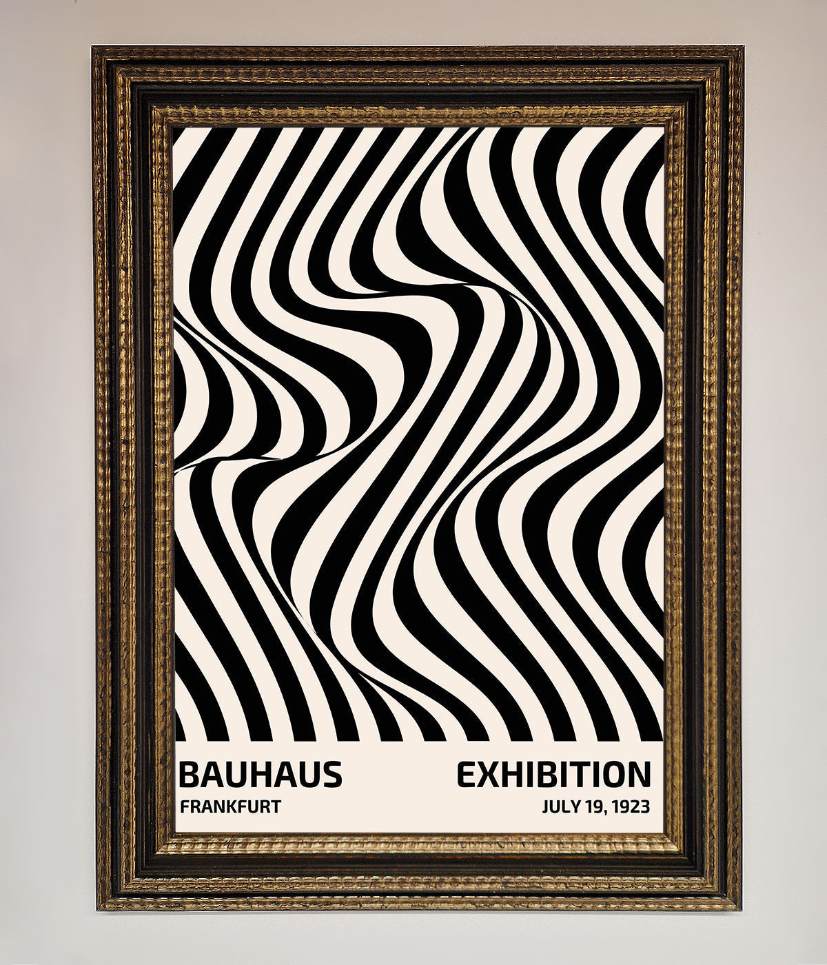 Bauhaus poster with wavy black lines in an elegant frame.