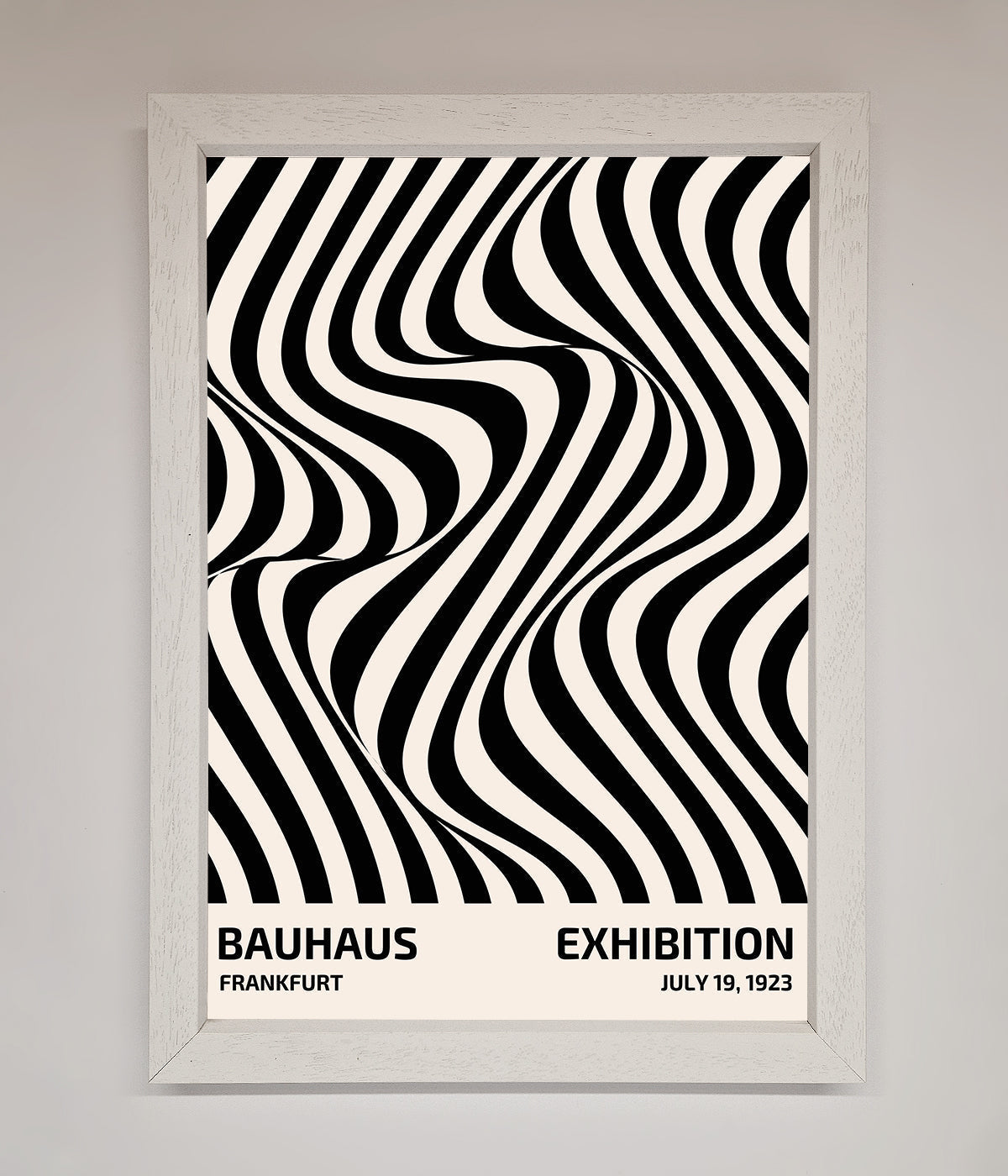 Bauhaus poster with wavy black lines in a sleek white frame.