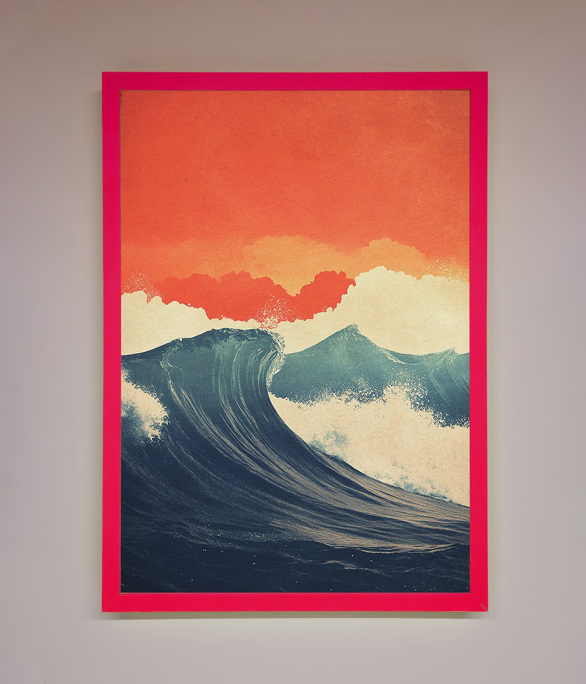 Blue Waves Crash Red Sunset Framed Poster print