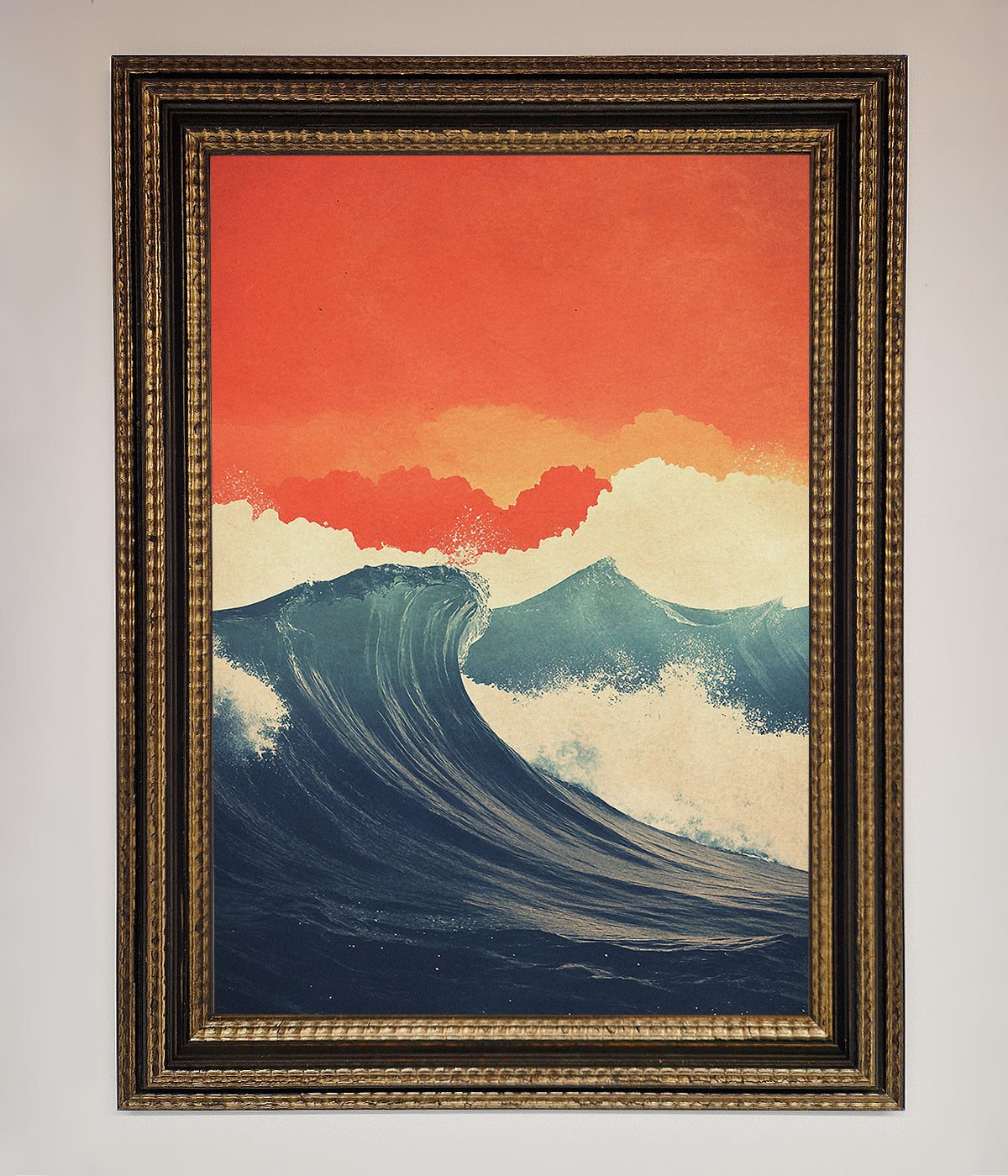 Blue Waves Crash Red Sunset Framed Poster print