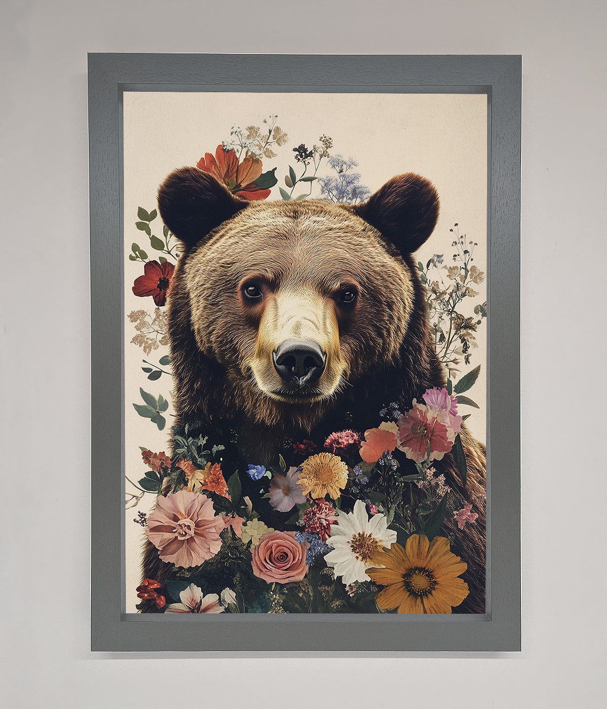 Brown Grizzly Bear Floral Framed Print print