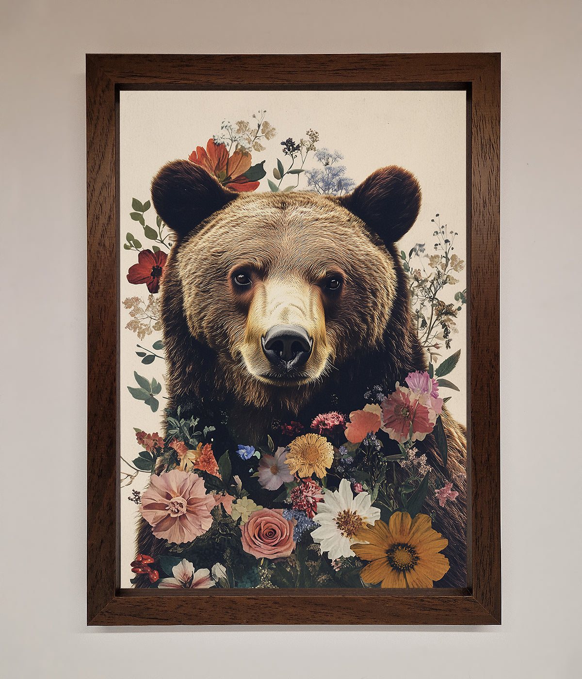 Brown Grizzly Bear Floral Framed Print print