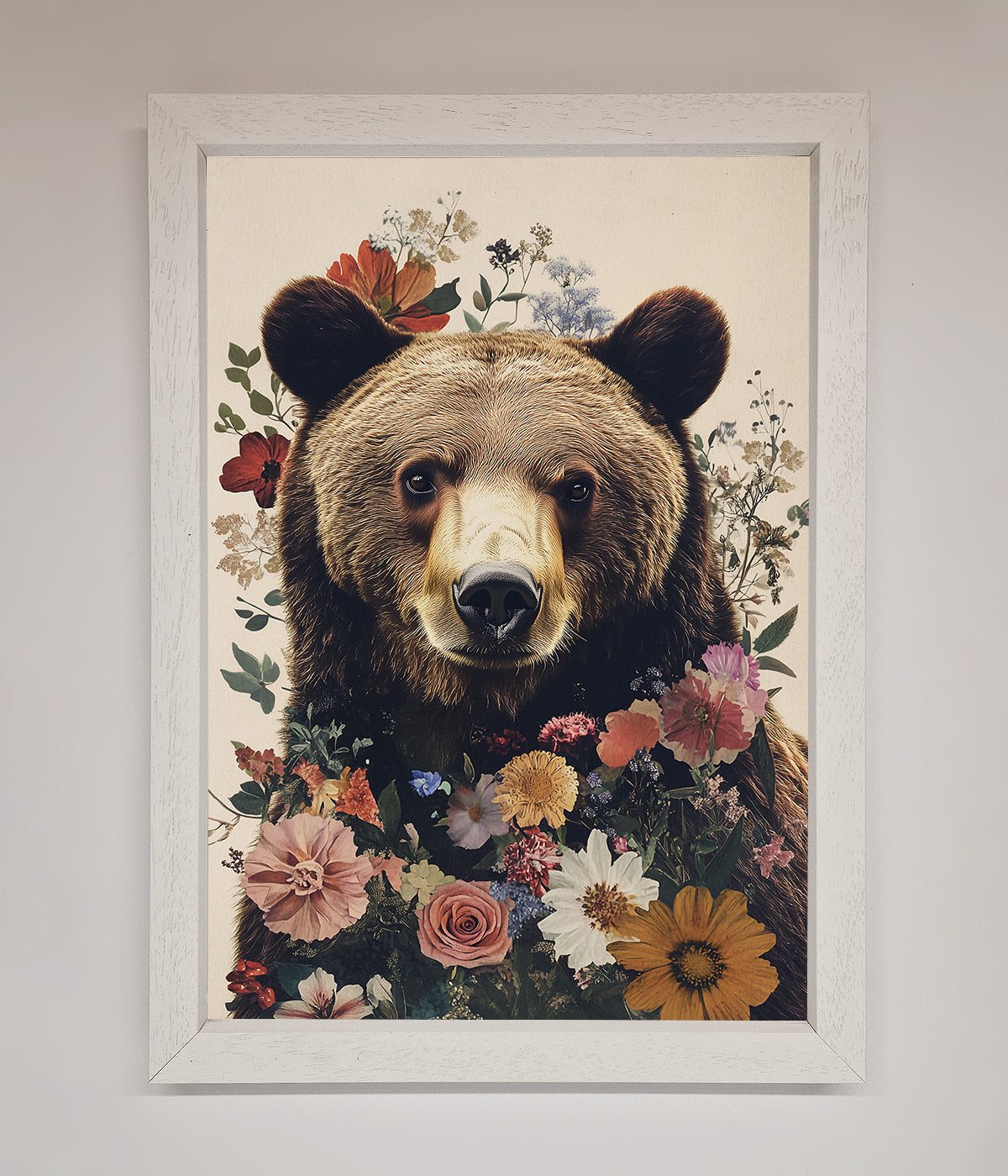 Brown Grizzly Bear Floral Framed Print print