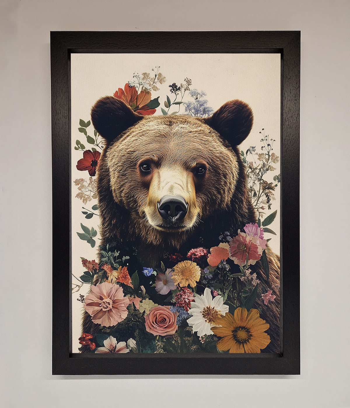 Brown Grizzly Bear Floral Framed Print print