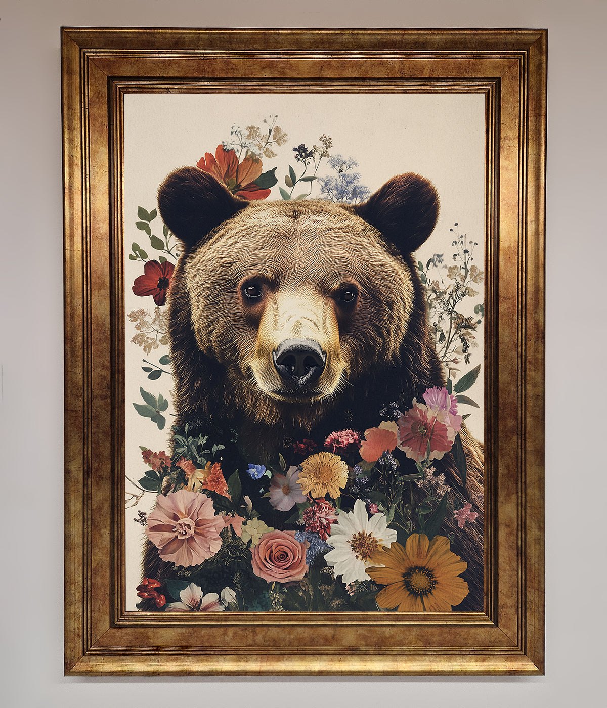 Brown Grizzly Bear Floral Framed Print print