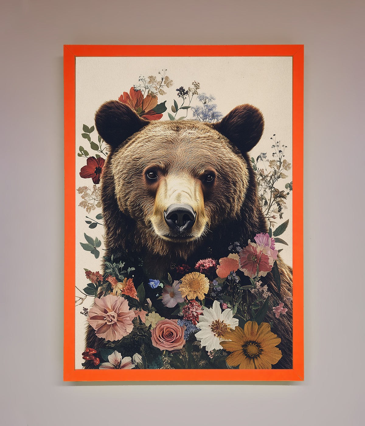 Brown Grizzly Bear Floral Framed Print print