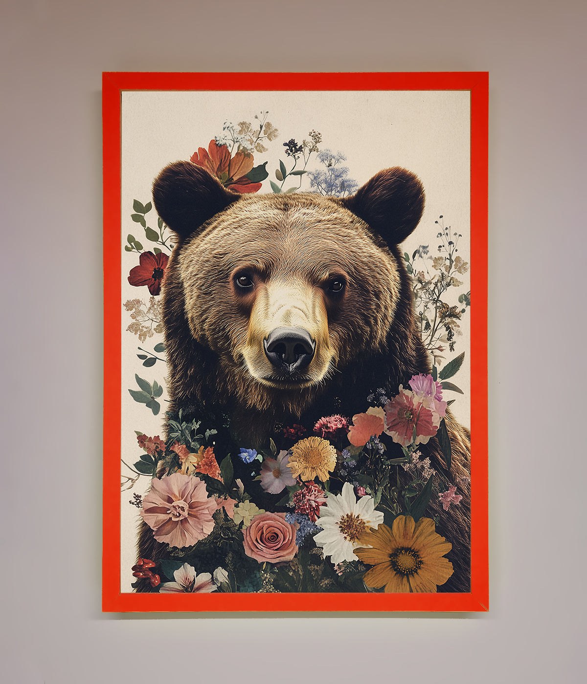 Brown Grizzly Bear Floral Framed Print print