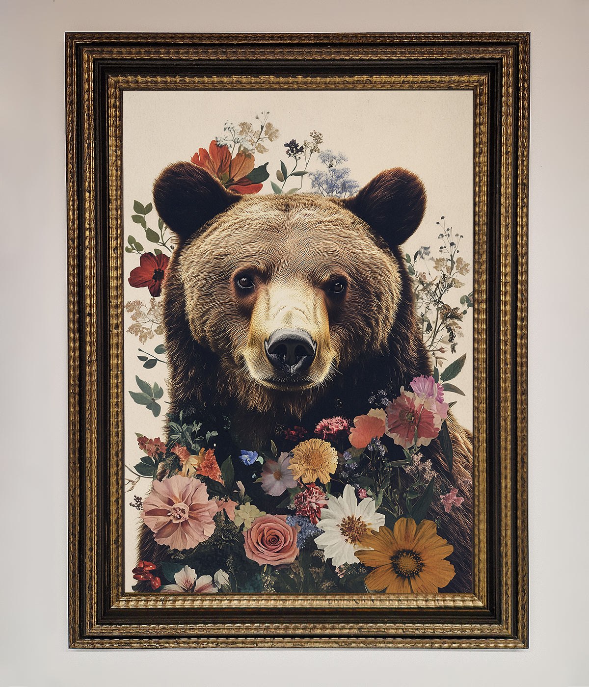 Brown Grizzly Bear Floral Framed Print print