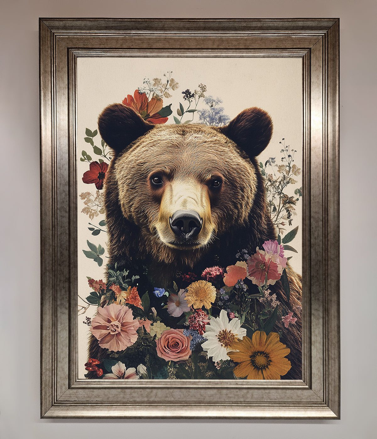 Brown Grizzly Bear Floral Framed Print print