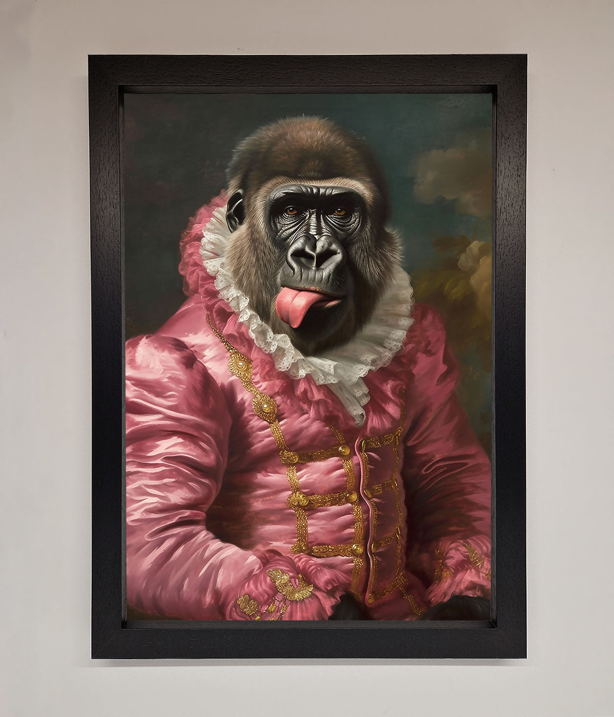 Cheeky Gorilla Framed Poster with playful gorilla in renaissance-style attire.