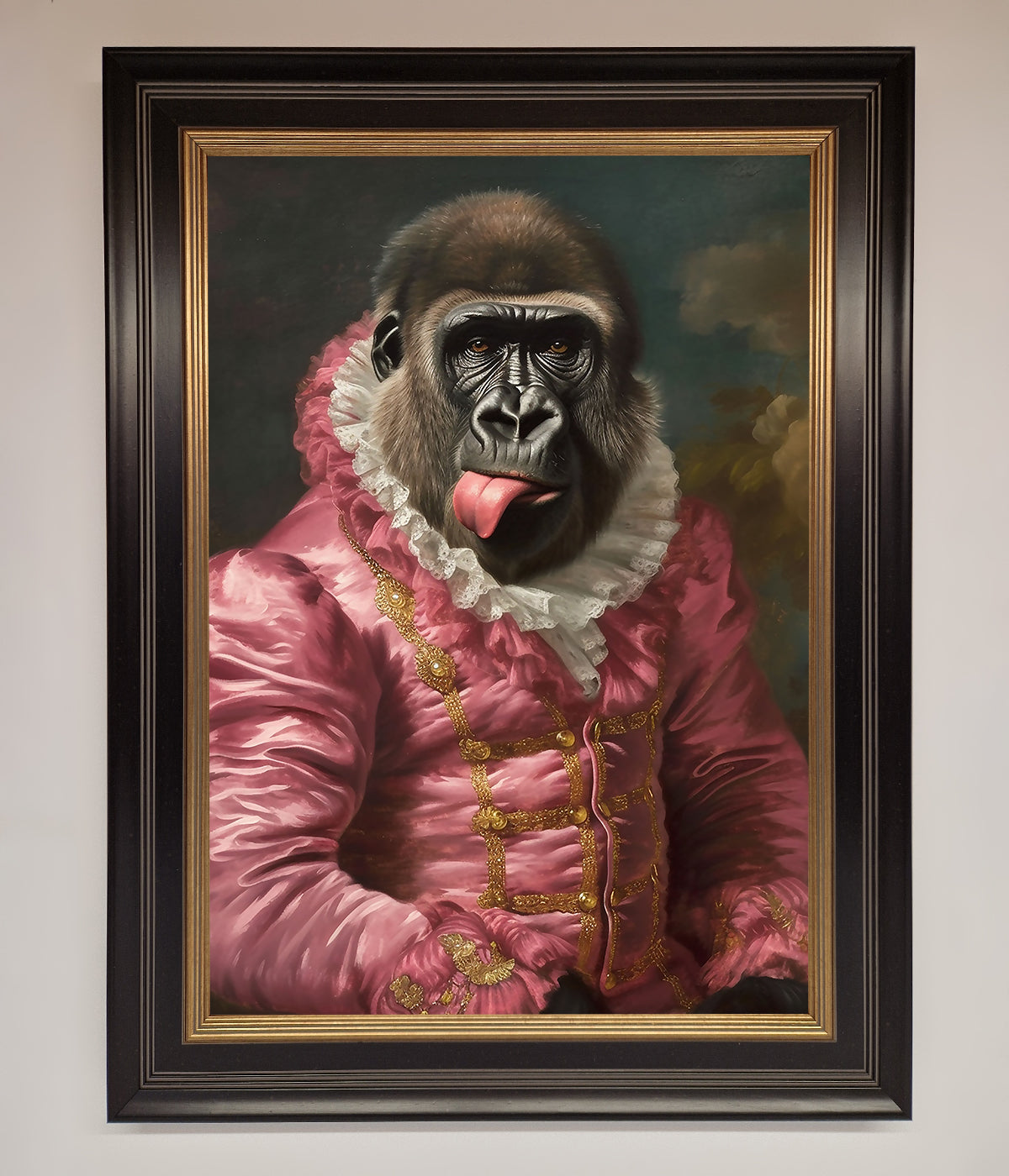 Cheeky Gorilla Framed Poster with playful gorilla in renaissance-style frame.