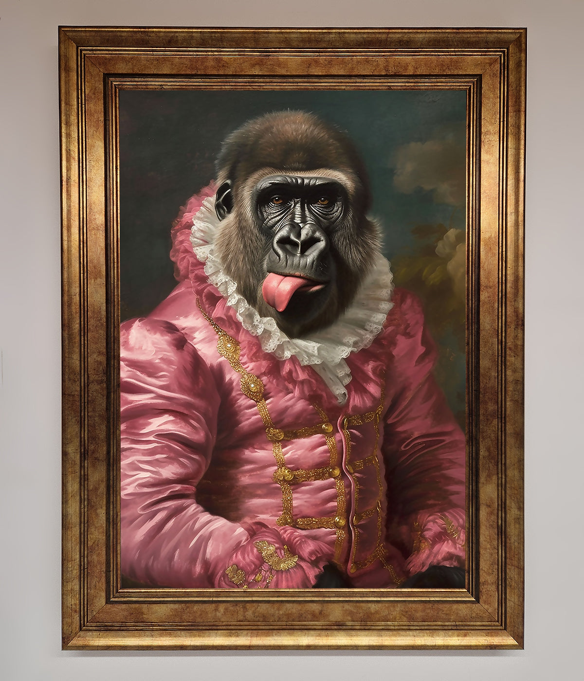 Cheeky Gorilla framed poster with playful gorilla in renaissance-style frame.