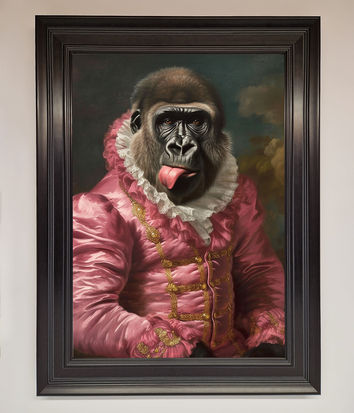 Cheeky Gorilla framed poster with playful gorilla in renaissance-style frame.