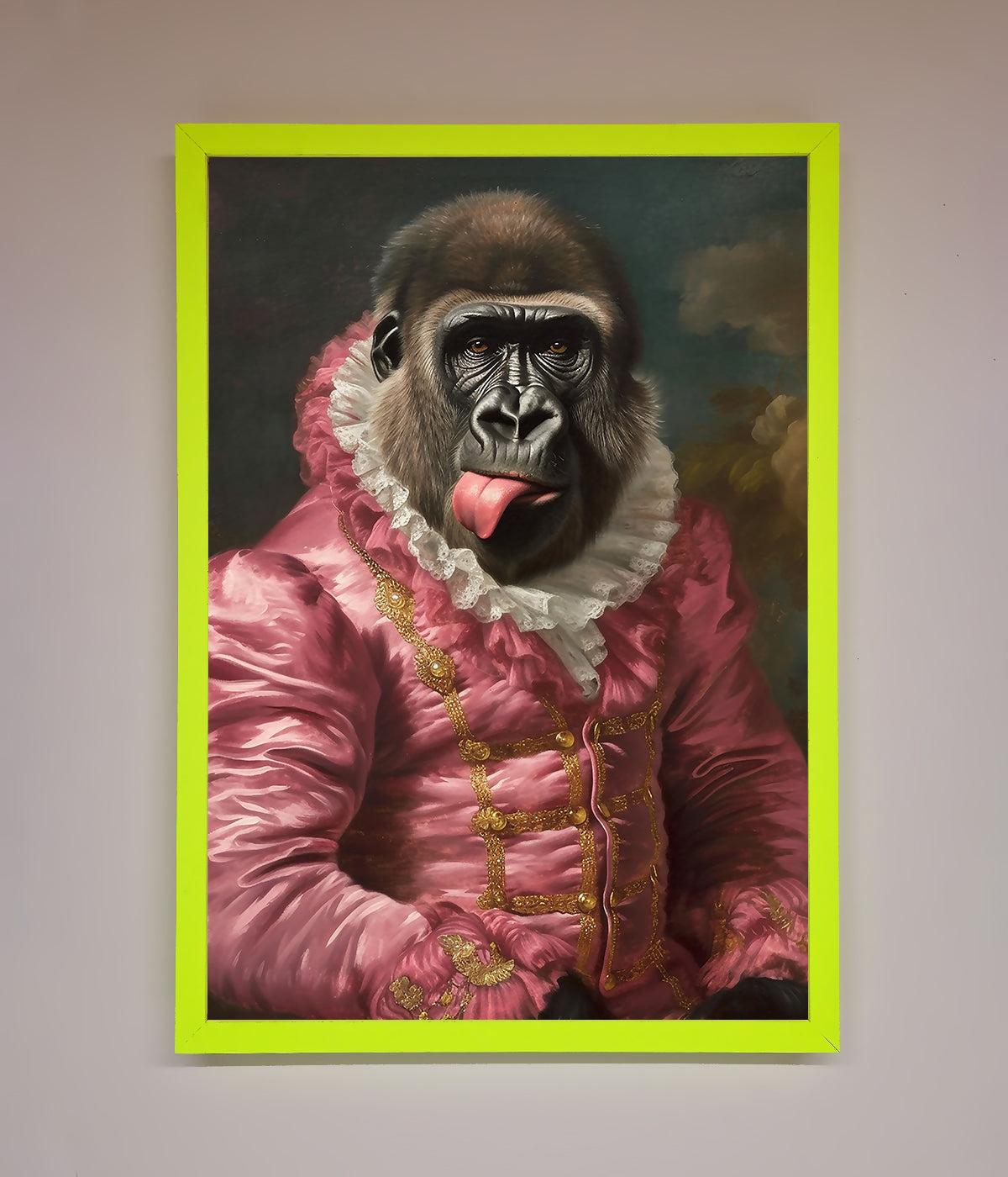 Cheeky Gorilla Framed Poster with playful gorilla in a renaissance-style frame.