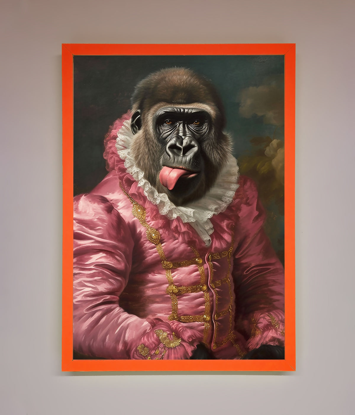 Cheeky Gorilla Framed Poster with playful gorilla in renaissance-style attire.