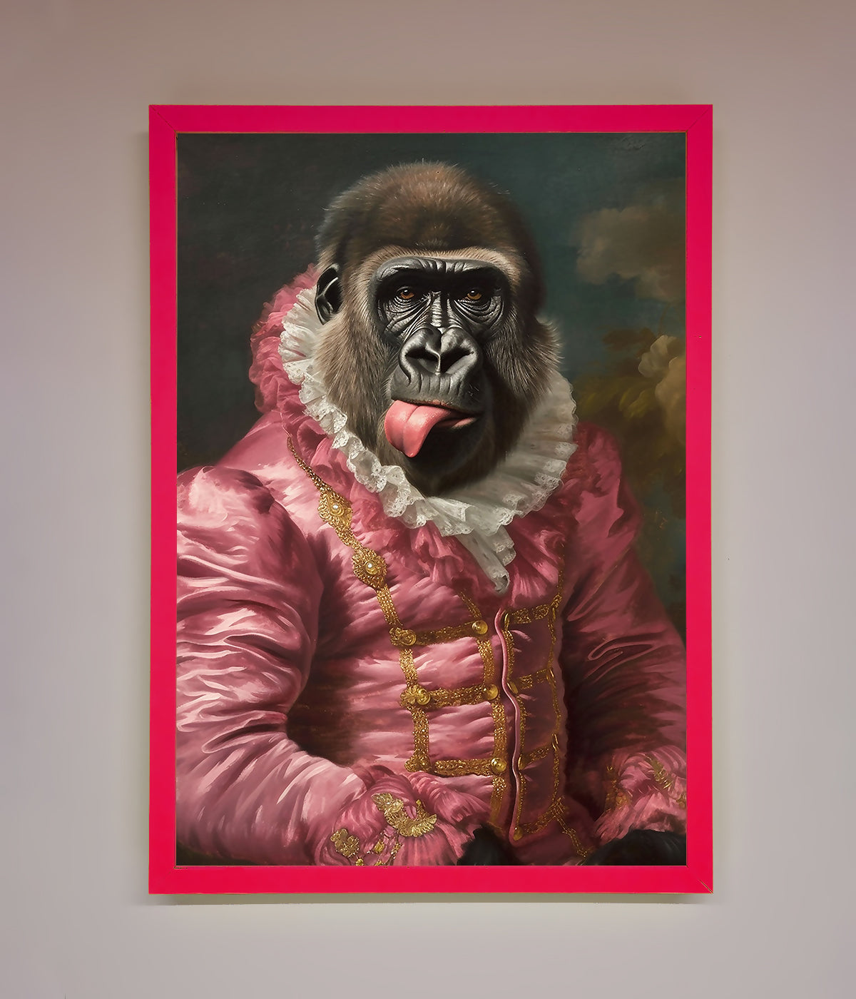 Cheeky Gorilla Framed Poster with playful gorilla in renaissance-style frame.