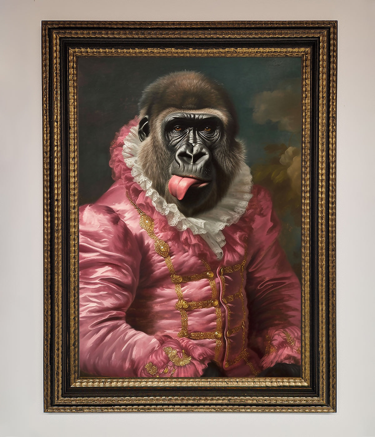 Cheeky Gorilla Framed Poster featuring a playful gorilla in a renaissance-style frame.