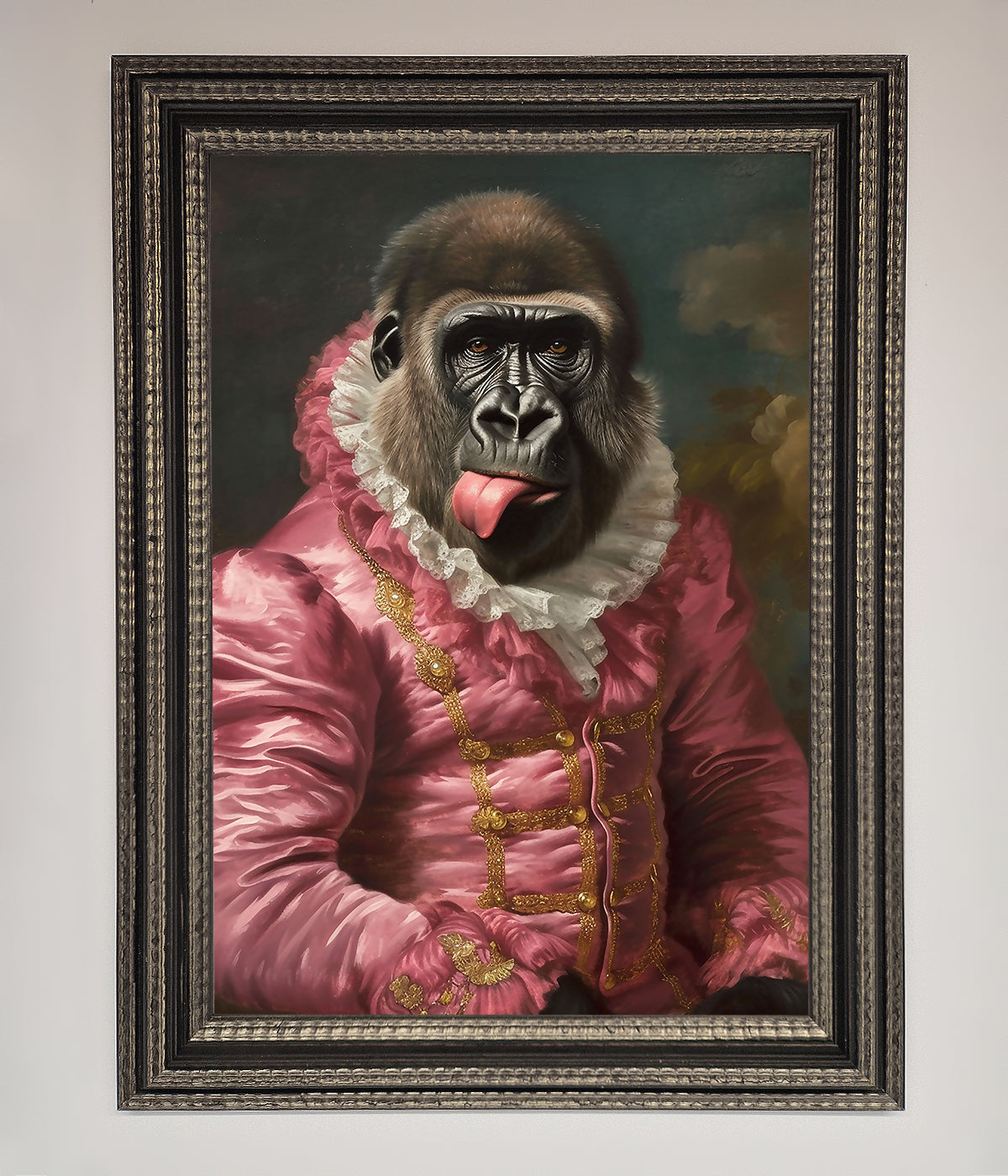 Cheeky Gorilla framed poster with playful gorilla in renaissance-style frame.