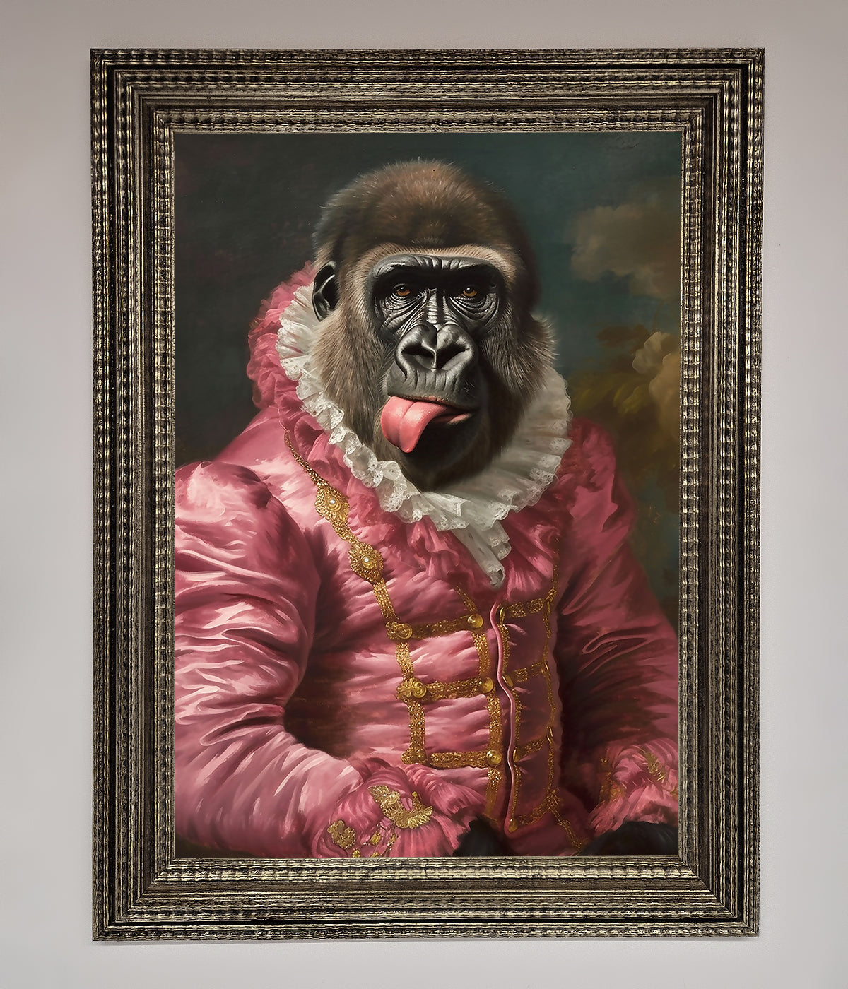 Cheeky Gorilla Framed Poster with playful gorilla in renaissance-style frame.