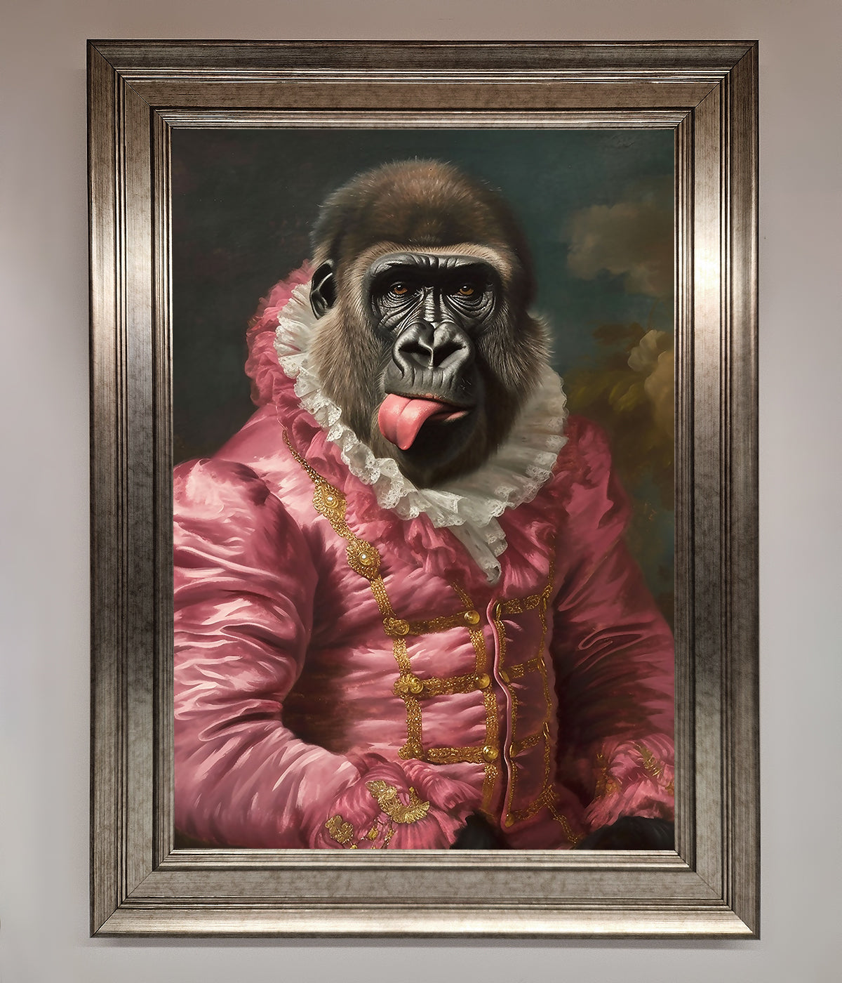 Cheeky Gorilla Framed Poster with playful gorilla in renaissance-style attire.