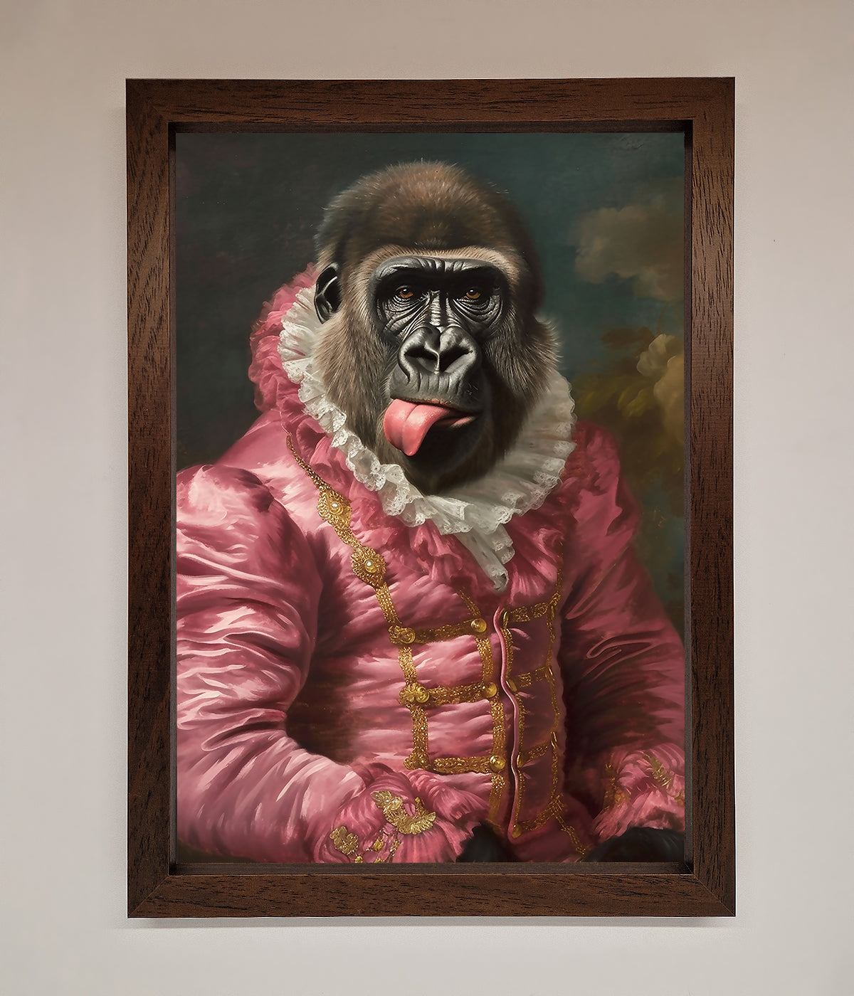 Cheeky Gorilla Framed Poster in renaissance style adding humor to home decor.