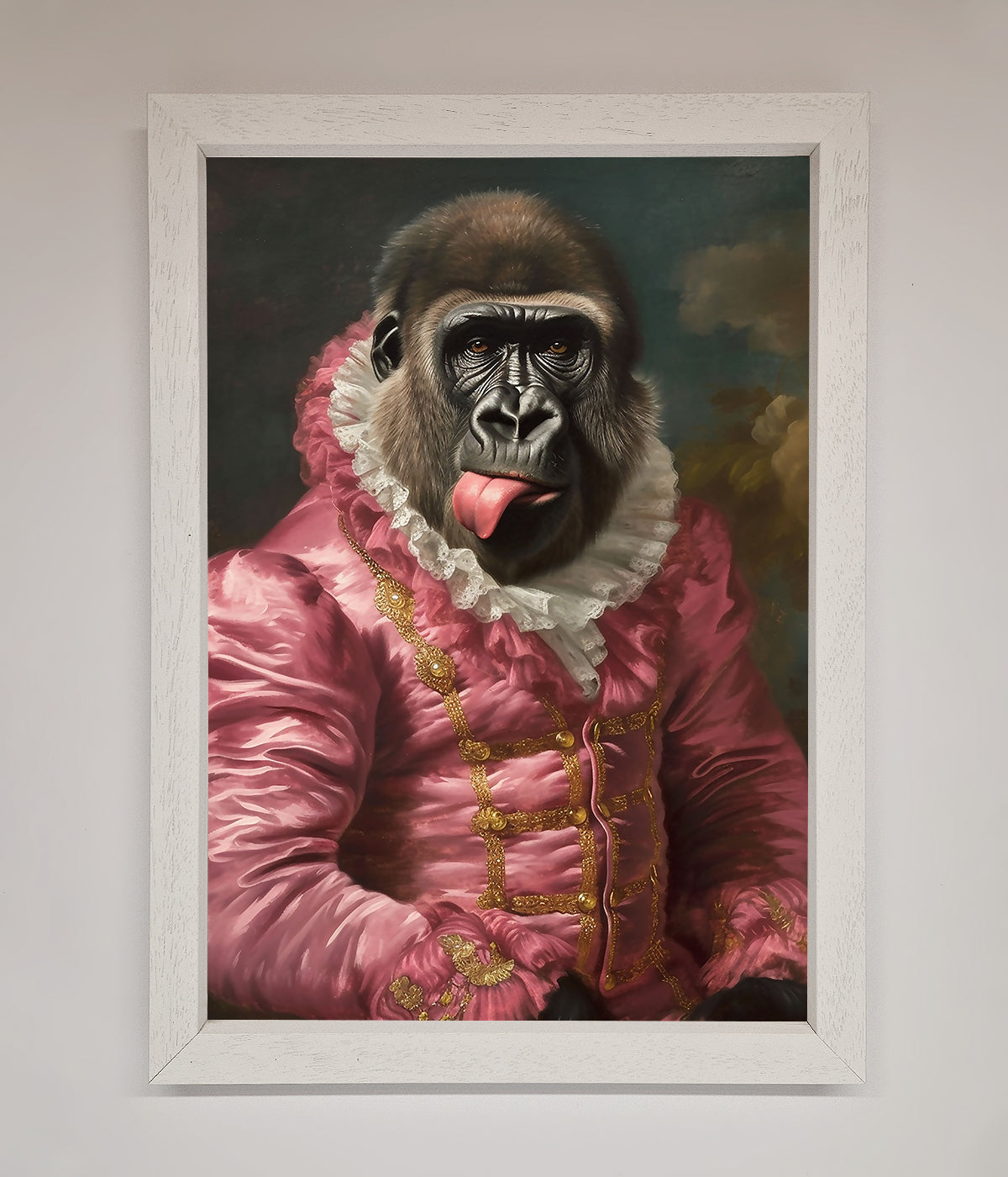 Cheeky Gorilla Framed Poster with playful gorilla in renaissance style.