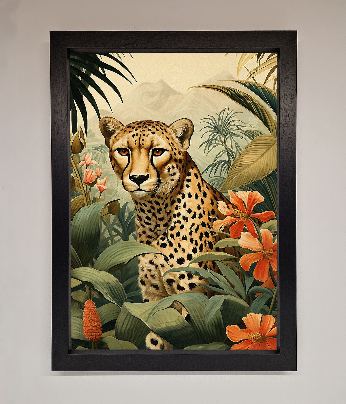 Cheetah In Flowers Framed Wall Art print