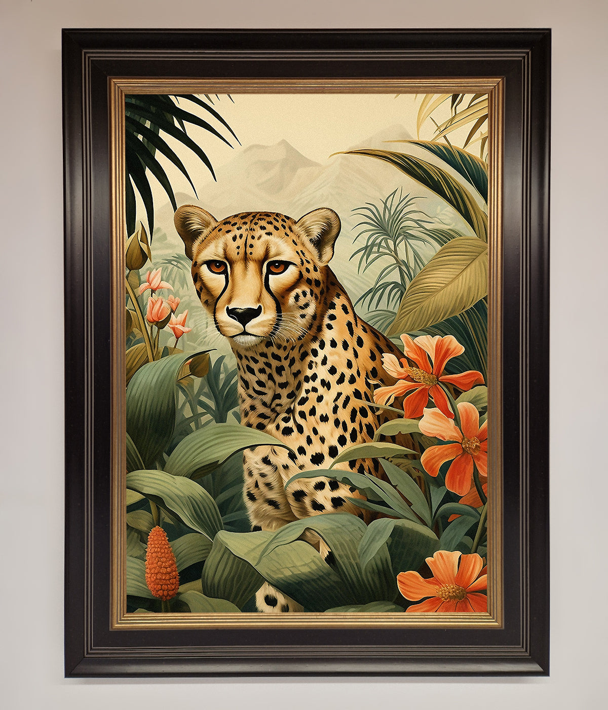 Cheetah In Flowers Framed Wall Art print