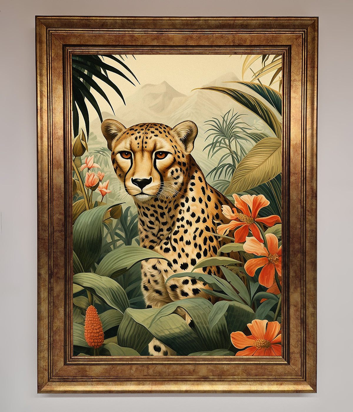 Cheetah In Flowers Framed Wall Art print