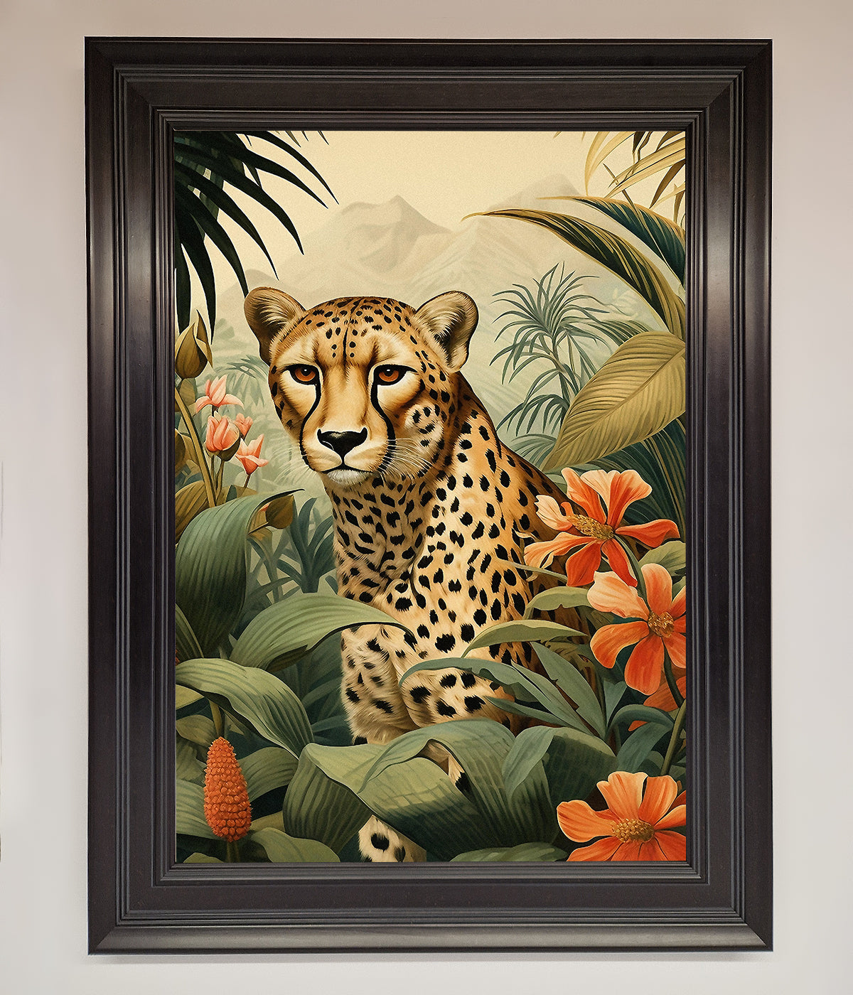 Cheetah In Flowers Framed Wall Art print