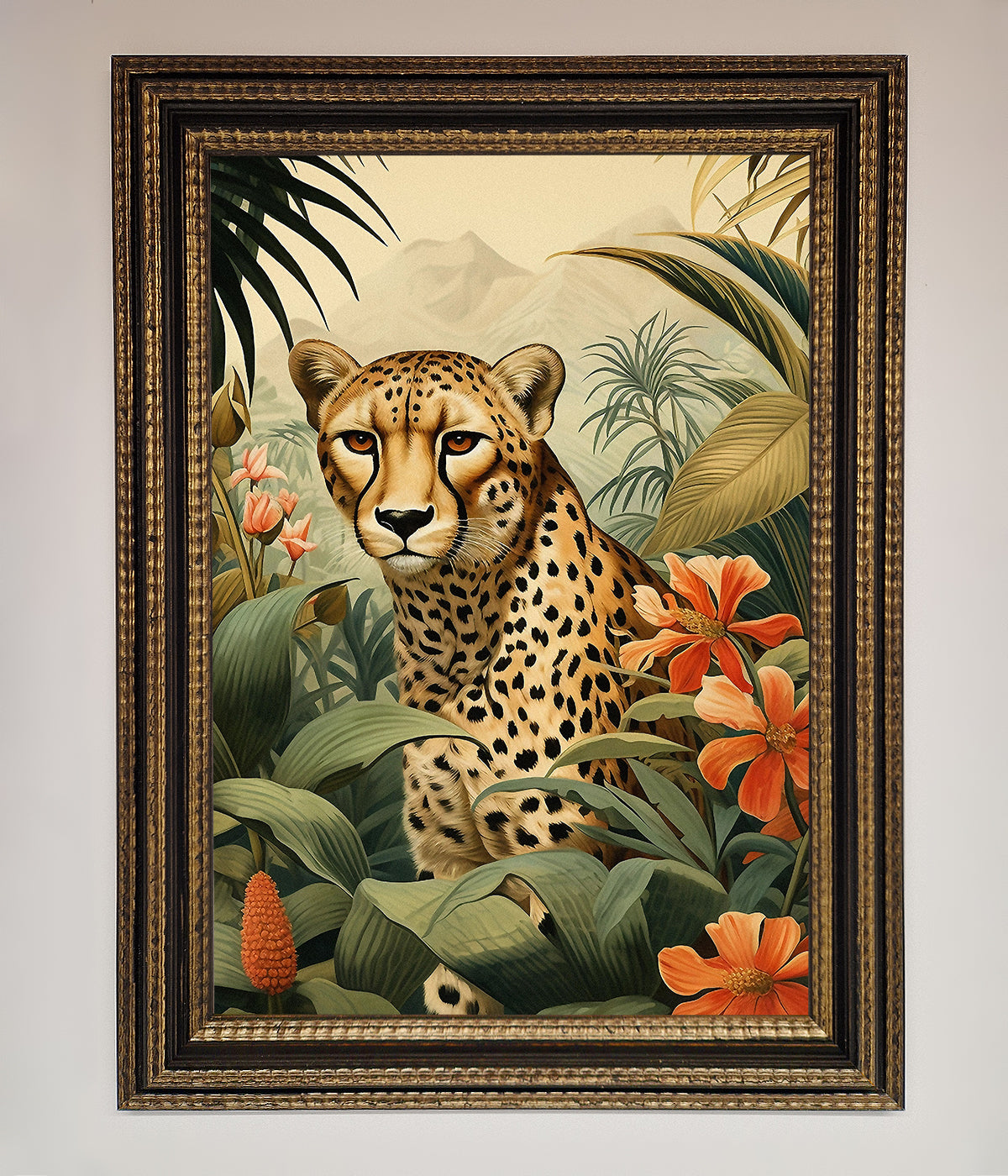 Cheetah In Flowers Framed Wall Art print