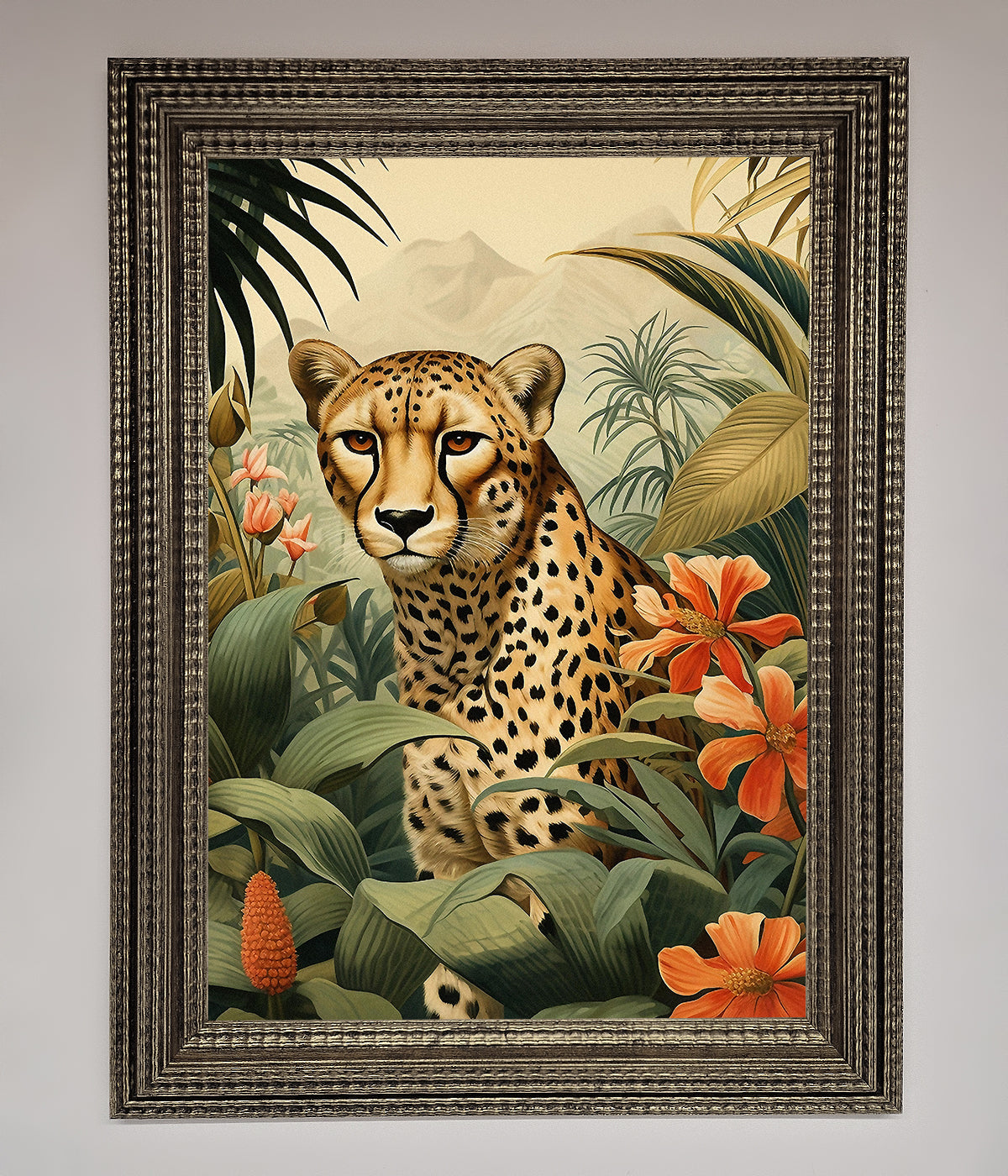 Cheetah In Flowers Framed Wall Art print