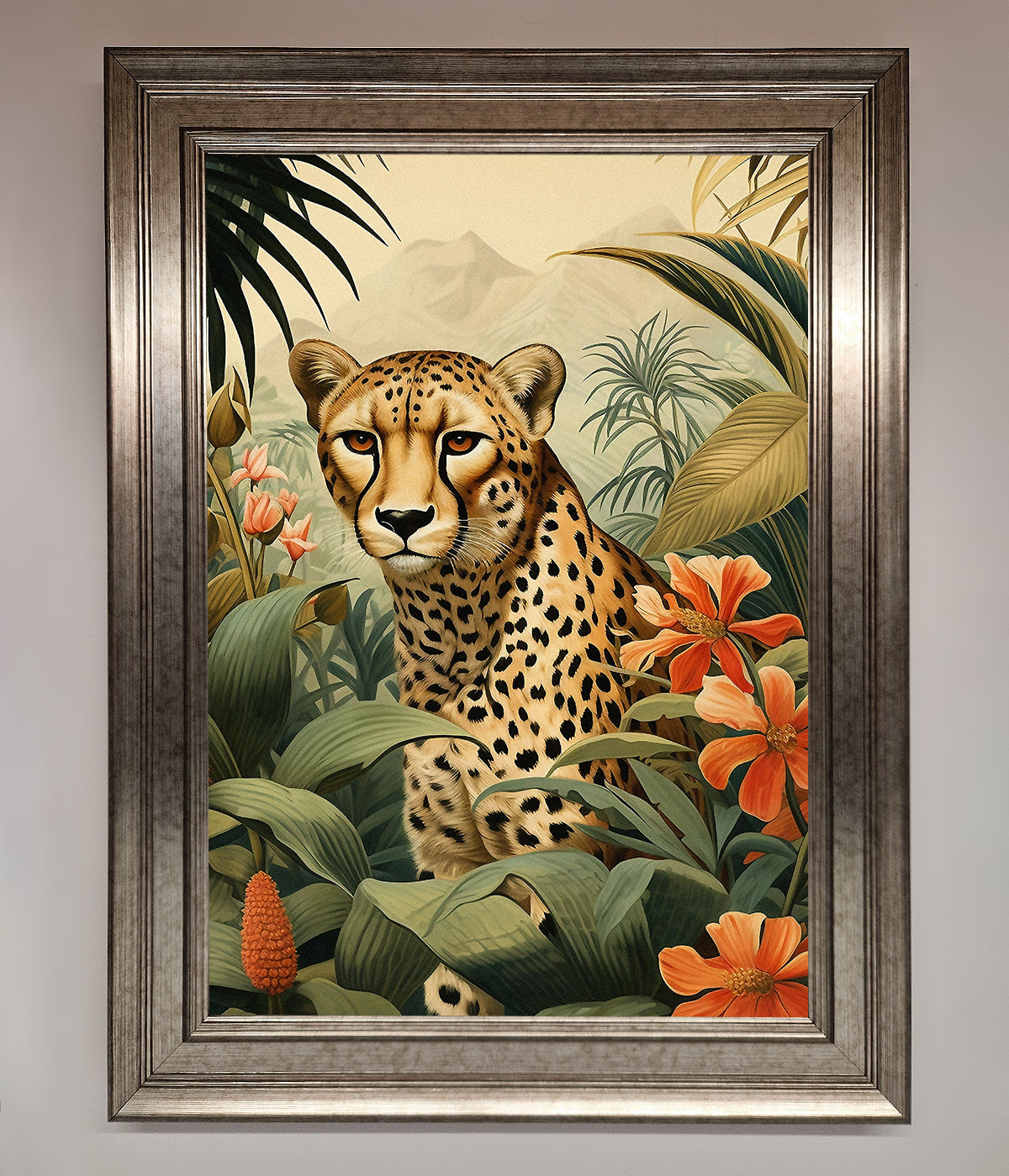 Cheetah In Flowers Framed Wall Art print