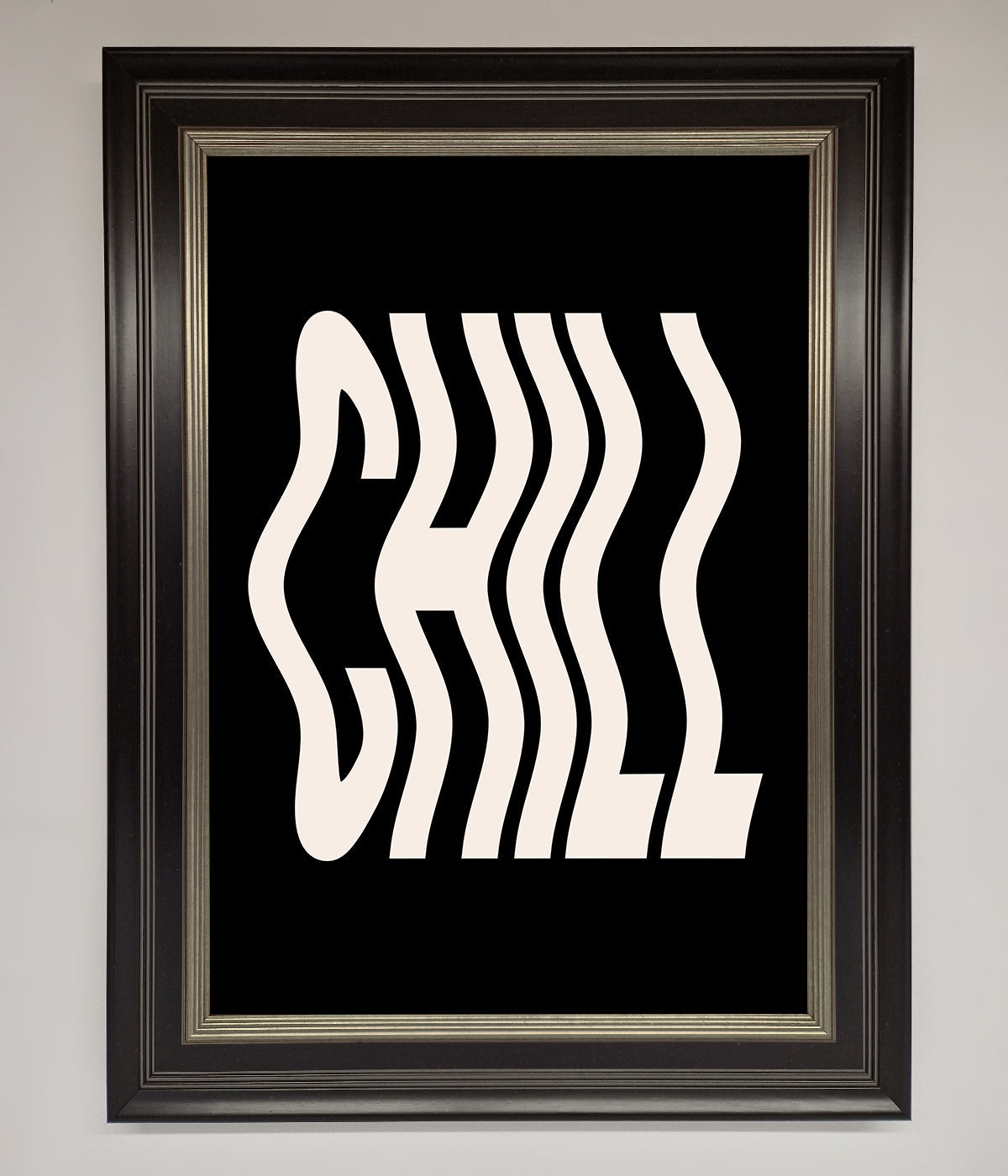 Chill Black framed wall art with wavy text design.