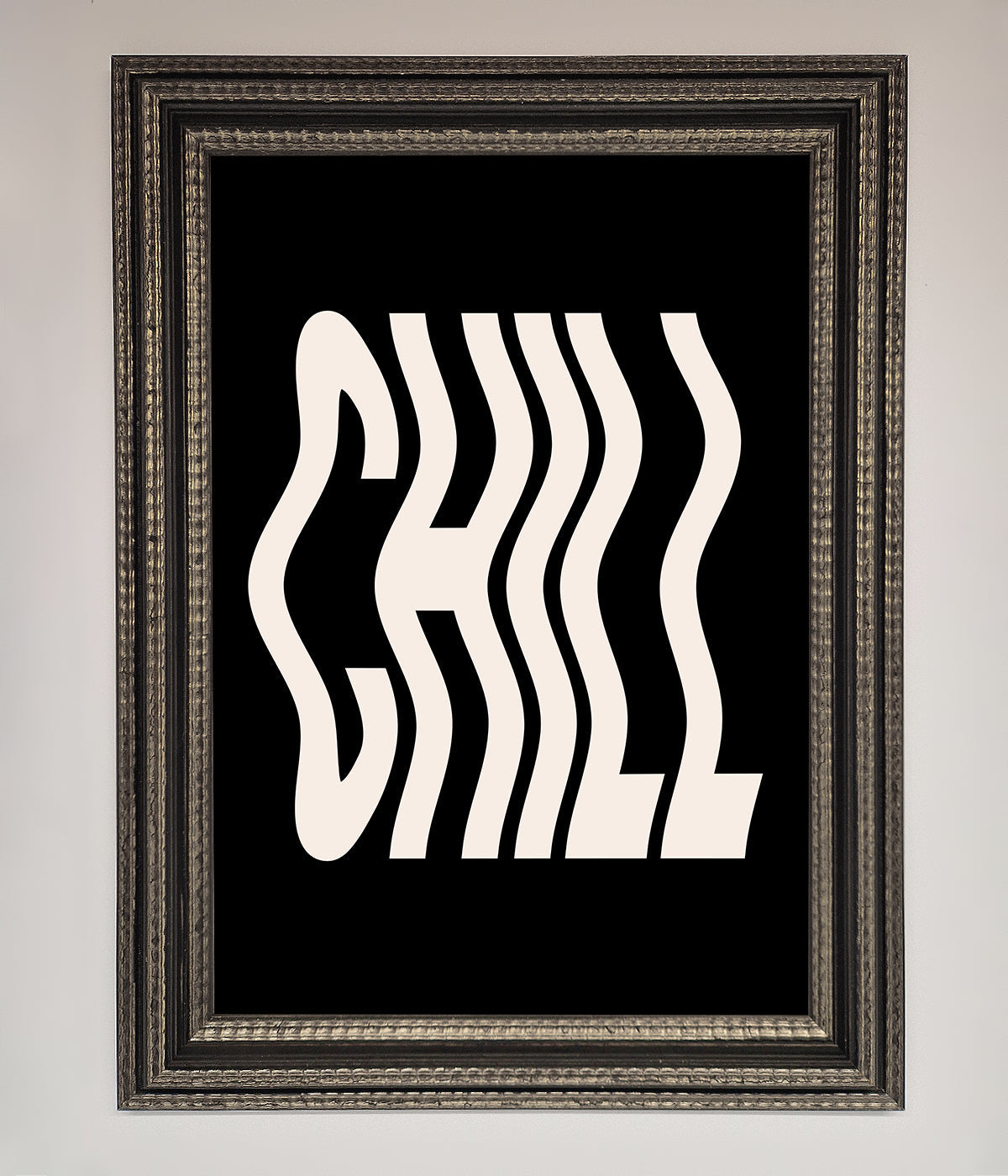 Chill Black framed wall art with abstract white text design.