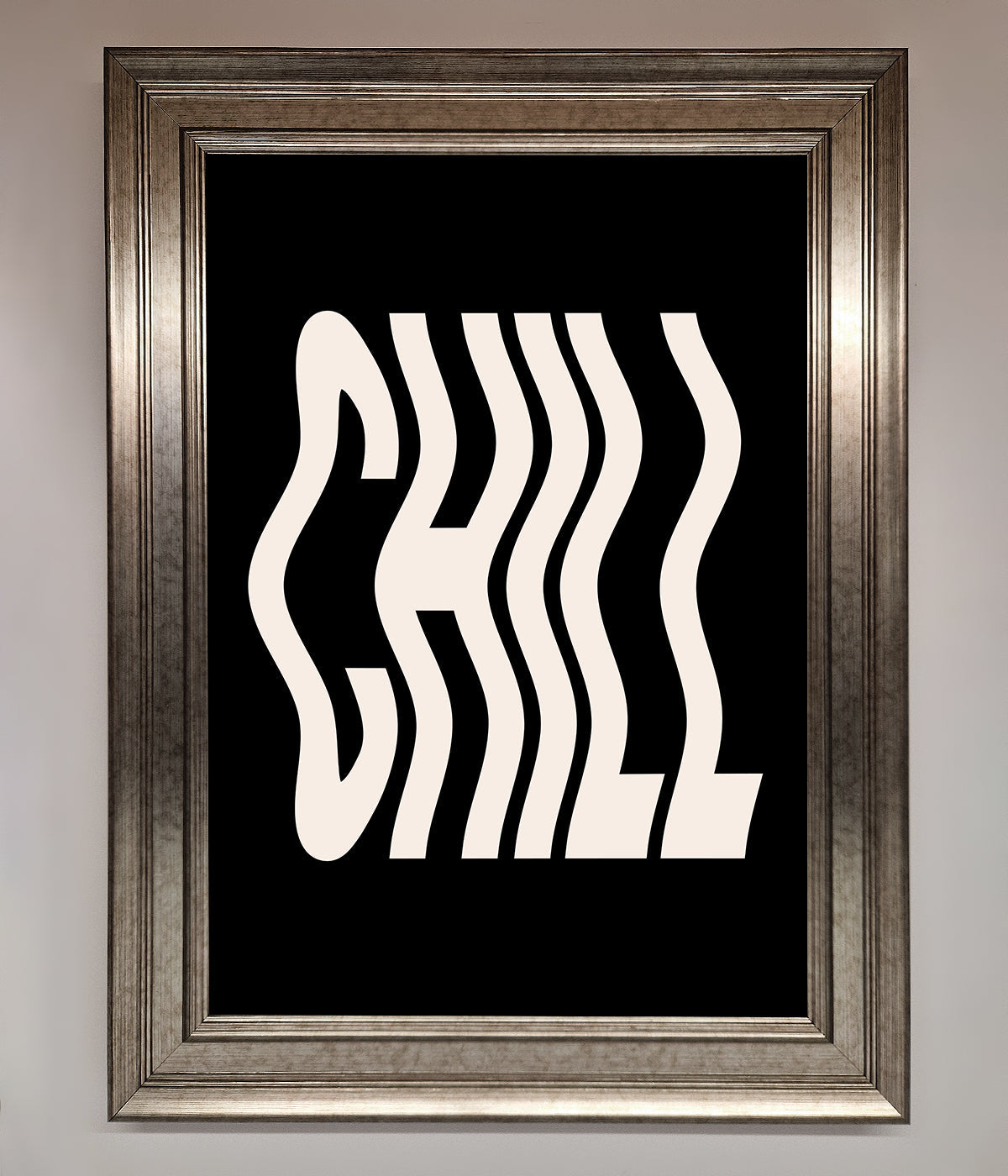 Chill Black framed wall art with distorted lettering on a black background.