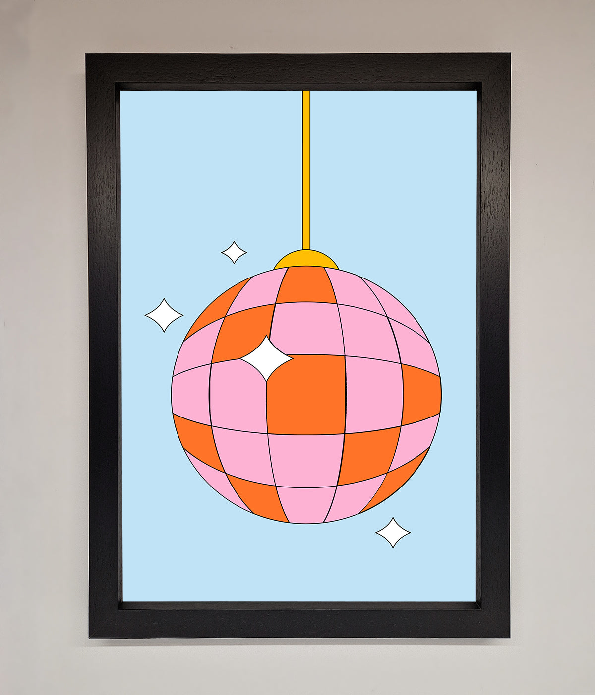 Disco ball pink framed poster with geometric design.