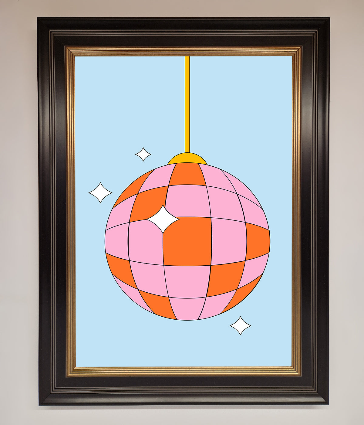 Pink framed poster featuring an illustration of a colorful disco ball.